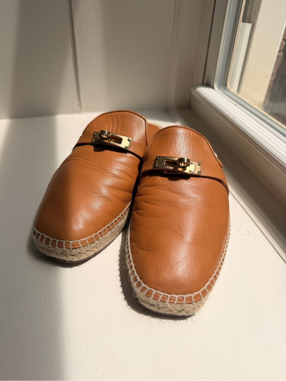Hermes Tan Leather Espadrille Mules with Gold Hardware